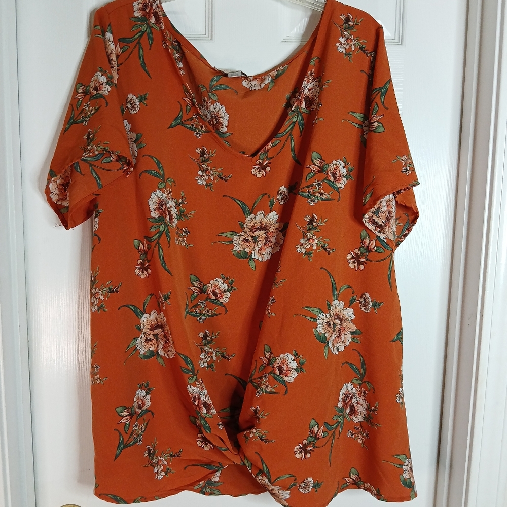 Misia Floral Deep Orange & Green Lightweight Packable Women's Top Sz 2X